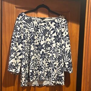 Talbots Floral Print Blouse in Navy and Cream